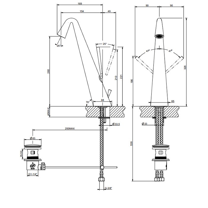 Gessi Смеситель для раковины высокий с донным клапаном на 1 1/4”, соединительные шланги на 3/8, Cono, 45004#149 цвет: finox