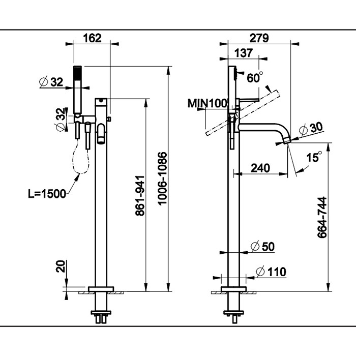 Gessi Смеситель для ванны, напольный, с душевой лейкой, Emporio Via tortona, 24943#149 цвет: finox brushed nickel
