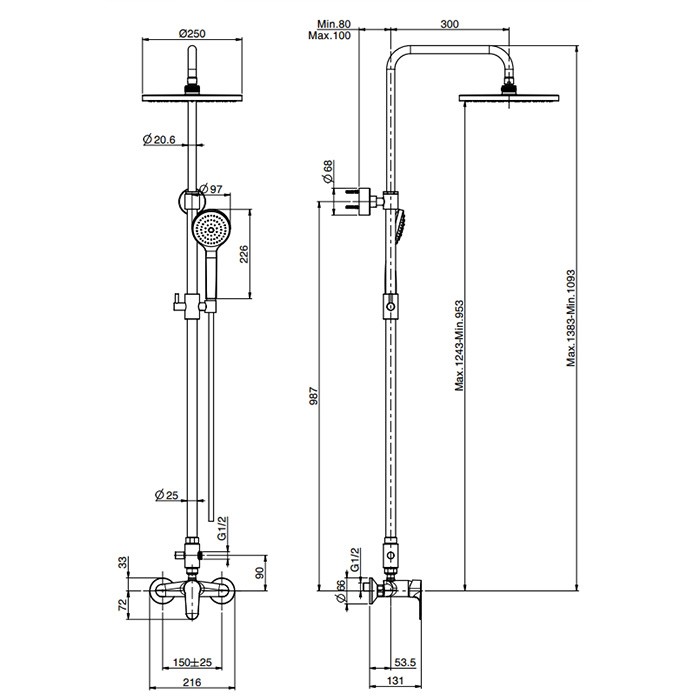 Fima Carlo Frattini душевая стойка, верхний душ 25см., со смесителем, держателем и ручным душем colonne doccia, хром арт. f3835/2cr