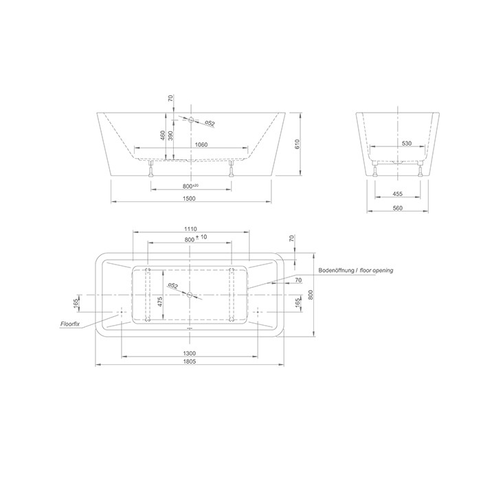 Knief ванна 180х80х60см., отдельностоящая, с щелевым переливом, c комплектом крепления к полу, Mood, 0100-285BM 0100-091-06S BM цвет: черный
