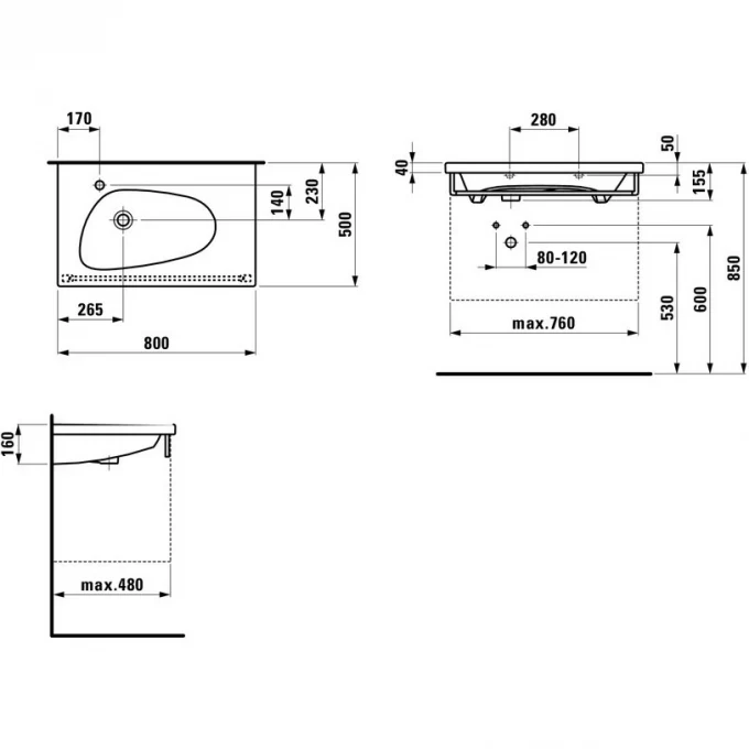 LAUFEN раковина 80 см без отверстия, PALOMBA - 8.1480.4.000.109.1