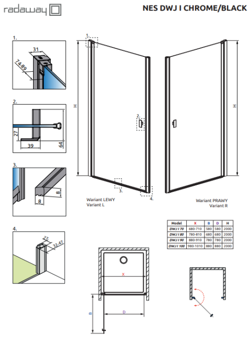 Radaway душевая дверь dwj i 70 right, Nes - 10026070-54-01R