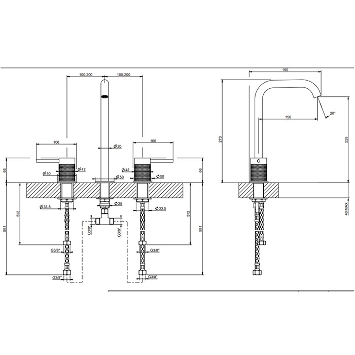 Gessi Смеситель для раковины на 3 отверстия, без донного клапана, излив 156мм, h=269мм, 316, 54411#707 цвет: brushed black metal pvd
