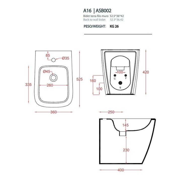 Биде напольное 36х52 см, 1 отверстие, notte, Art Ceram A16 арт. ASB002 36 00