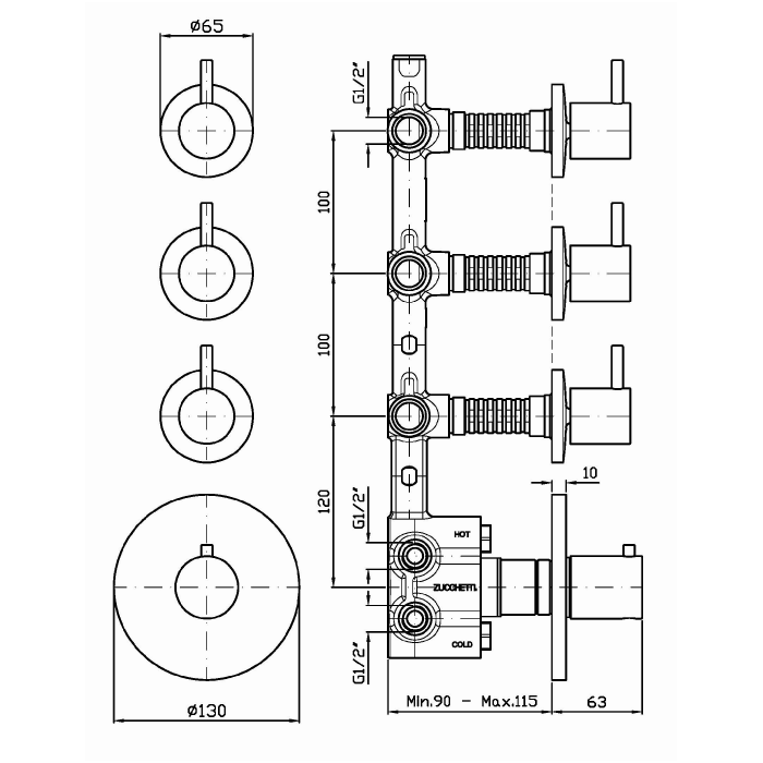 Zucchetti смеситель для душа, встраиваемый, термостатический, с переключателем на 3 потока, closer, черный матовый арт. zcl661.n6