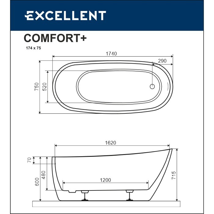 Отдельностоящая ванна 175x74, Excellent Comfort+, белая арт. WAEX.CMP2.17WH