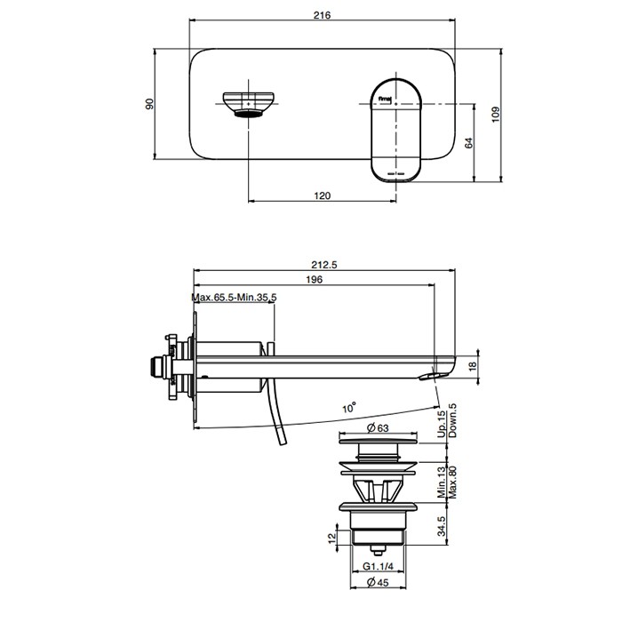 Fima Carlo Frattini cмеситель для раковины, встраиваемый, излив: 19.6см., flo, золото арт. f3821wlx5or