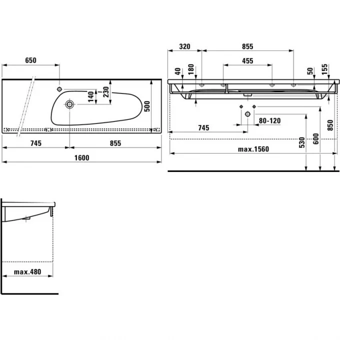 LAUFEN раковина 160 см с lcc, без отверстия под смеситель, PALOMBA - 8.1480.8.400.109.1