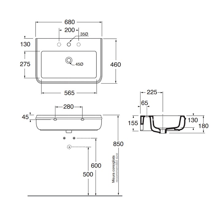Azzurra раковина подвесная 68х46см., с 3 отв., Azzurra, CHLP06846T0TBI цвет: белый