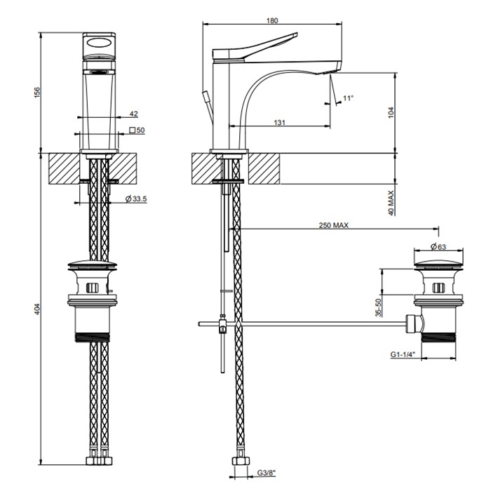 Gessi Смеситель для раковины на 1 отв. с донным клапаном h=156мм, излив 131мм, Rilievo, 59005#031 цвет: хром