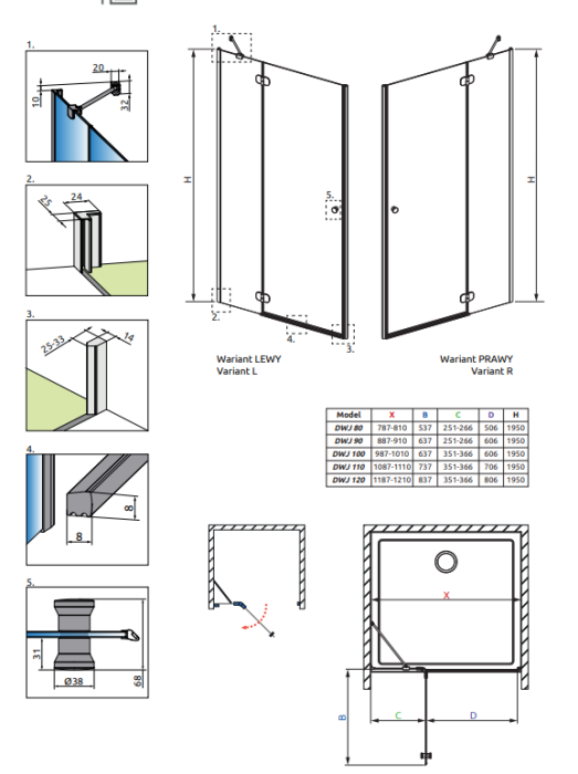 Radaway одностворчатая распашная дверь dwj 120см в нишу открывание: направо, Torrenta - DWJ120R