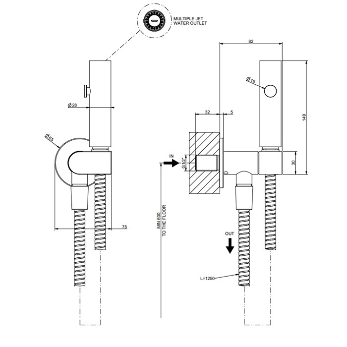 Gessi Гигиенический душ с настенным держателем с подводом воды и шлангом 1250 мм., Eleganza, 45124#030 цвет: copper pvd