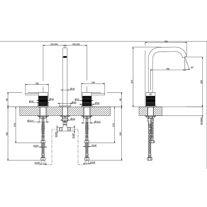Gessi Смеситель для раковины на 3 отверстия, без донного клапана, излив 156мм, h=269мм, 316, 54311#707 цвет: brushed black metal pvd
