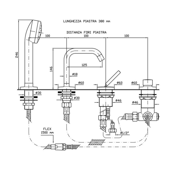 Zucchetti однорычажный смеситель на борт ванны на 4 отверстия, isystick, хром арт. zp1157