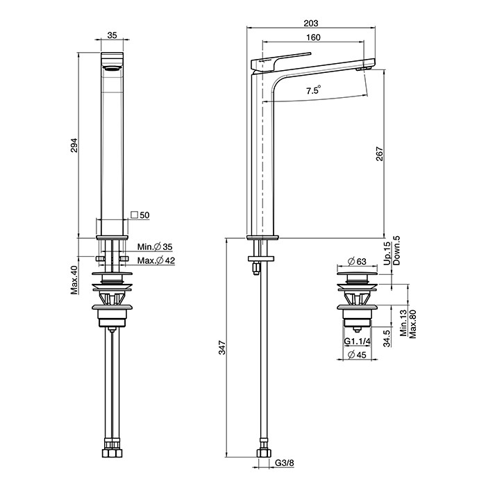 Fima Carlo Frattini смеситель для раковины, на 1 отв, донный клапан click-clack, высокий, h267мм излив 160мм, fit, хром арт. f3381/hcr