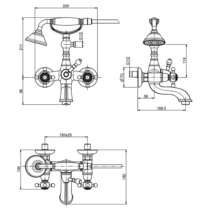 Fima Carlo Frattini смеситель для ванны, настенный, с ручным душем, elizabeth, золото арт. f5084or