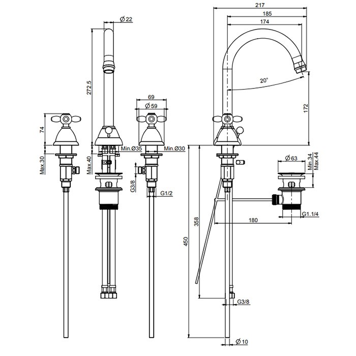 Fima Carlo Frattini смеситель для раковины, на 3 отв., olivia, золото арт. f5001or