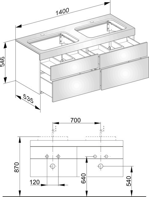 Keuco тумба подвесная под две раковины с отверстием под смеситель, с четырьмя выдвижными фронтами, edition 400, трюфель арт. 31575 140100