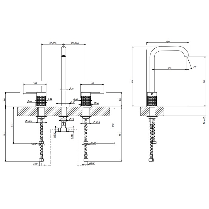 Gessi Смеситель для раковины на 3 отверстия, без донного клапана, излив 156мм, h=269мм, 316, 54211#707 цвет: brushed black metal pvd