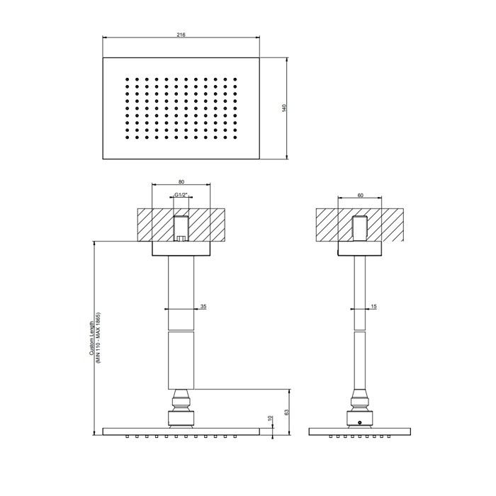 Gessi Верхний душ для потолочного крепления 216x140мм, высота от 115 до 1865мм, Rettangolo, 20150#299 цвет: black xl
