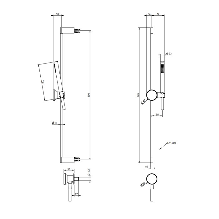 Gessi Штанга в комплекте с душевой лейкой, шланг 1500 мм и вывод воды, Origini, 66142#031 цвет: хром