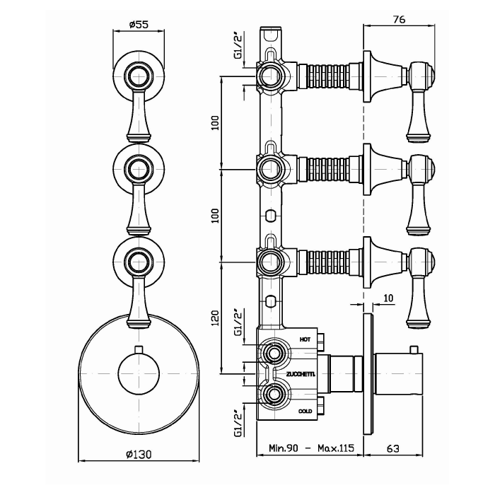 Zucchetti встроенный смеситель термостатический, 1/2”, с 3 запорными клапанами, agora classic, хром арт. zal661 r97822
