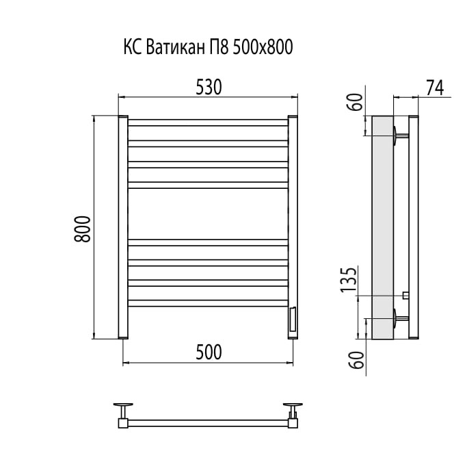 Terminus электрический полотенцесушитель ватикан п8 500х800 электро кс 9005 матовый (встроен диммер), электрика эконом арт. 4670078527554