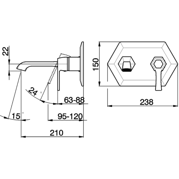 Cisal смеситель однорычажный для раковины из стены, излив 212 мм ch0055107e cherie, цвет: розовое золото