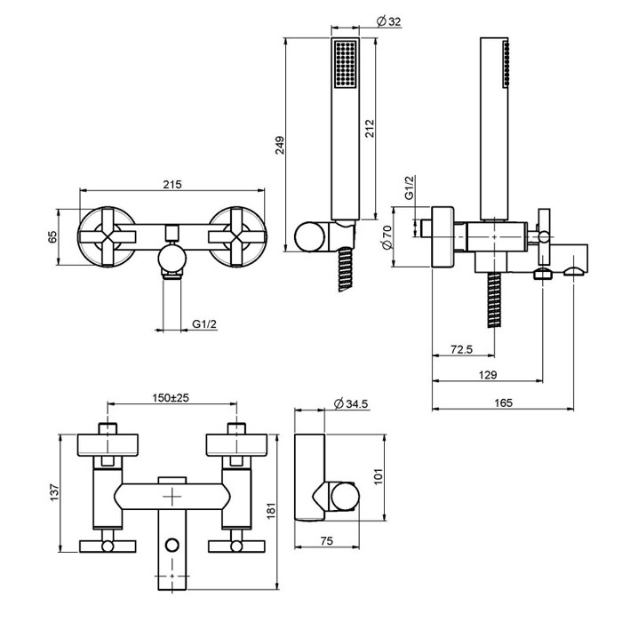 Fima Carlo Frattini смеситель для ванны, настенный, с душем, maxima, хром арт. f5304cr