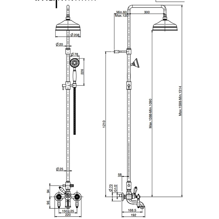 Fima Carlo Frattini душевая стойка, верхний душ 20см., со смесителем, ручным душем и держателем herend, хром арт. f5404/2cbcr