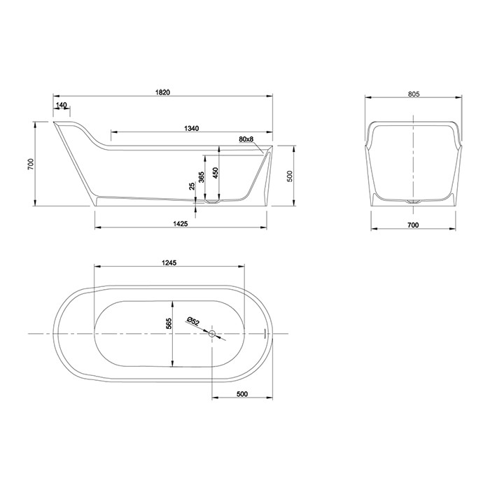 Knief ванна 182х81х70/50см., со сливом, Pearl, 0600-050-01 bi matt цвет: белый