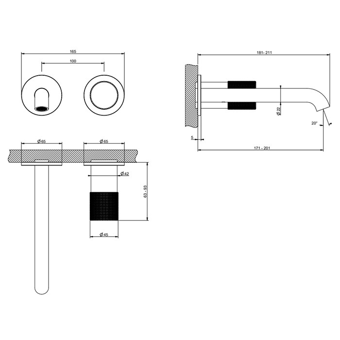 Gessi Смеситель для раковины, настенный, Habito Diamantao, 70688#706 цвет: black metal pvd