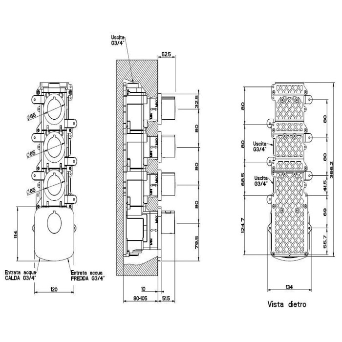 Gessi Встраиваемый термостат для душа, с 3мя независимыми выходами, верт/гориз установка, Tondo, 43236#031 цвет: хром
