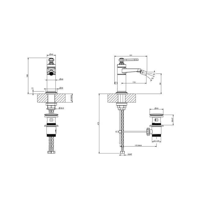 Gessi Смеситель для биде на 1 отверстие, однорычажный, в комплекте с донным клапаном, Venti20, 65007#299 цвет: черный матовый