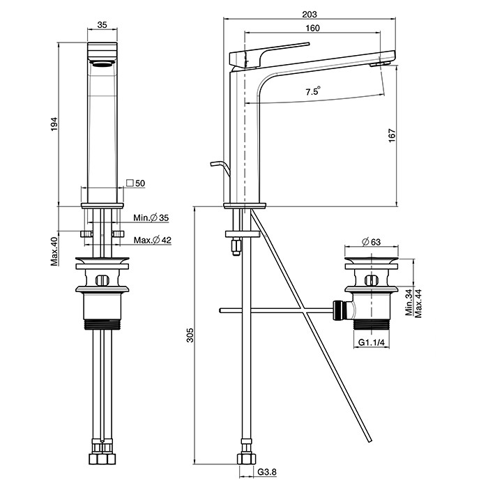 Fima Carlo Frattini смеситель для раковины, на 1 отв, донный клапан, h167мм излив 160мм, fit, хром арт. f3381lcr