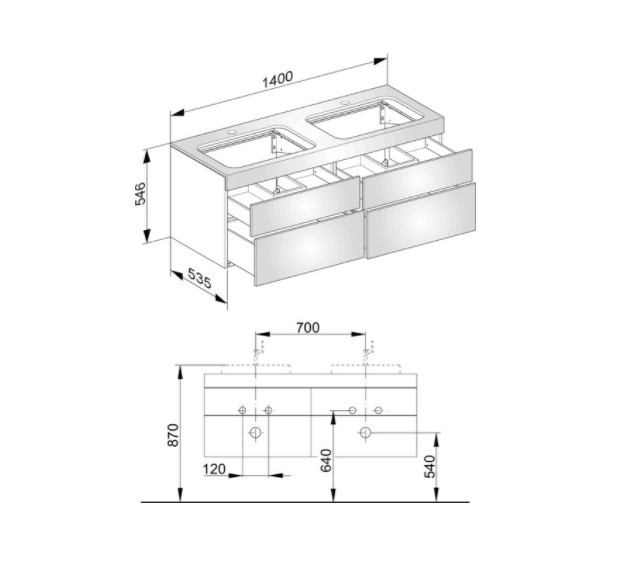 Keuco тумба подвесная под две раковины с отверстием под смесители, с четырьмя выдвижными ящиками, edition 400, белый арт. 31575 300100