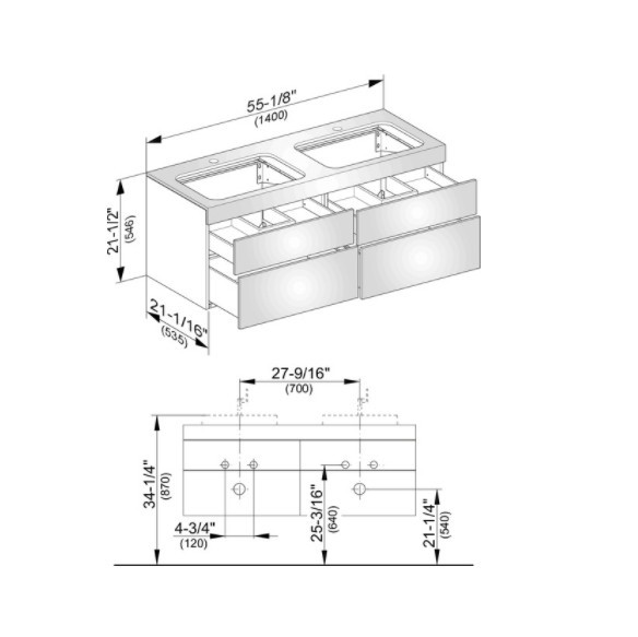 Keuco тумба подвесная под две раковины с отверстием под смесители, с четырьмя выдвижными ящиками, edition 400, белый арт. 31575 300100