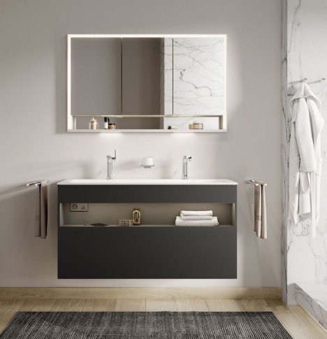 Keuco тумба под раковину с освещением 490 мм х 1000 мм х 625 мм, с 1 выдвижным ящиком, с сифоном, инокс/инокс, stageline, инокс матовый арт. 32872 290100