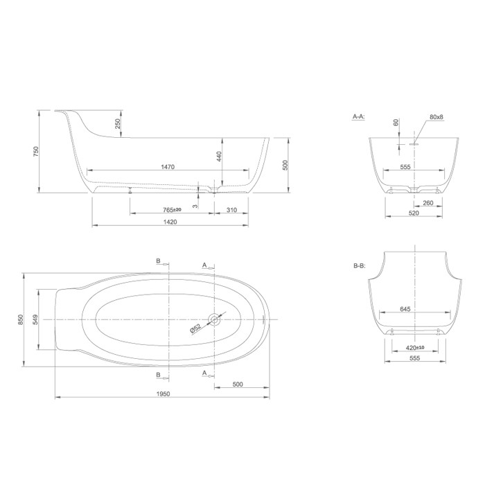 Knief ванна 195х85x75/50см., со слив переливом, Prime, 0600-010-01 цвет: белый
