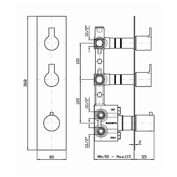 Zucchetti встроенный 1/2” термостатический смеситель для душа, с 2 запорными клапанами, on, хром арт. zon660 r97821