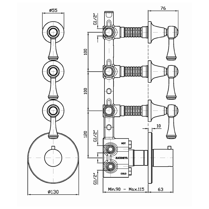 Zucchetti встроенный термостатический смеситель, 1/2”, с 3 запорными клапанами, agora classic, хром арт. zam661 r97822