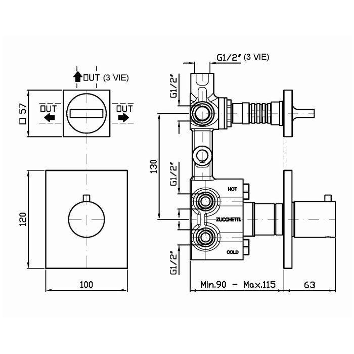Zucchetti термостатический смеситель, для скрытого монтажа 1/2”, с двойным переключателем, aguablu, хром арт. za5646 r97810