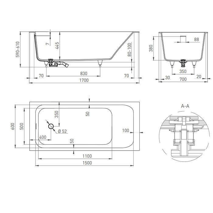 Salini ванна встраиваемая 170x70, orlanda, 102121mrf цвет: матовый белый