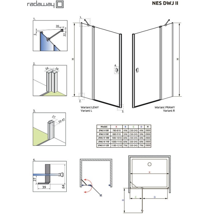 Radaway душевая дверь dwj ii 100 r профиль хром стекло прозрачное, Nes - 10036100-01-01R
