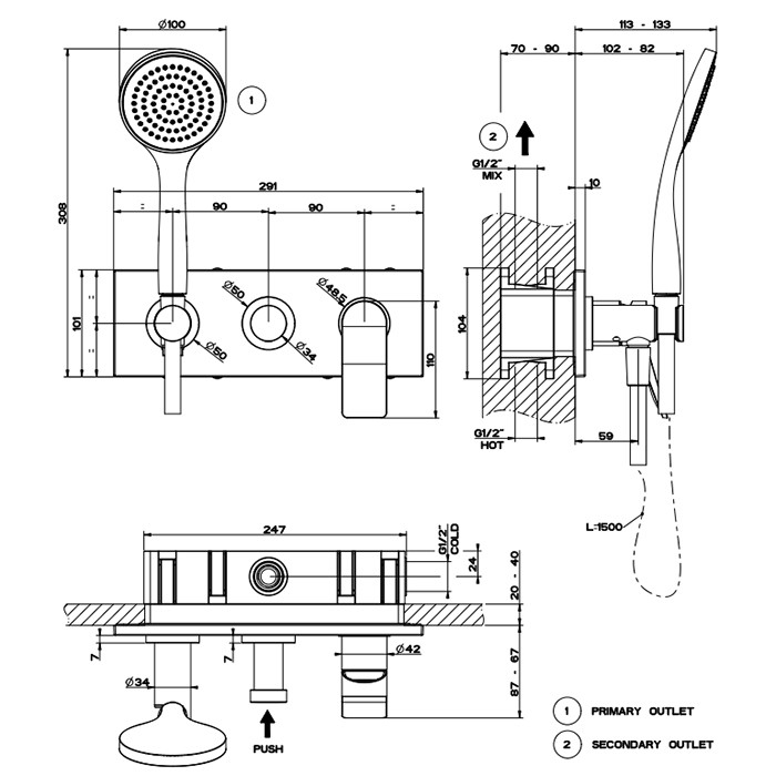 Gessi Встраиваемый смеситель для ванны на 2 источника, с душевой лейкой и переключателем цвет: nero XL, Rilievo, 59140#299 цвет: nero xl