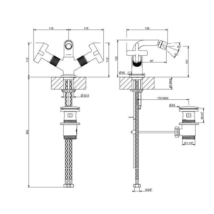 Gessi Смеситель для биде, двухвентильный, с донным клапаном на 1 1/4", соединительные шланги на 3/8", Inciso, 58127#299 цвет: black xl
