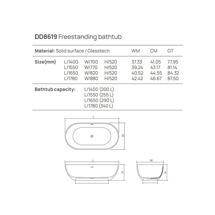 Ванна отдельностоящая 165x82xh52 см, Dea Design Shadow, белый арт. DD8619 1650 18