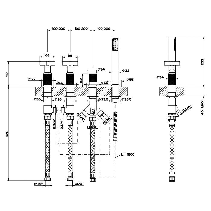 Gessi Смеситель для ванны, 4 отв., с ручным душем и шлангом 150 см, Inciso, 58143#031 цвет: хром