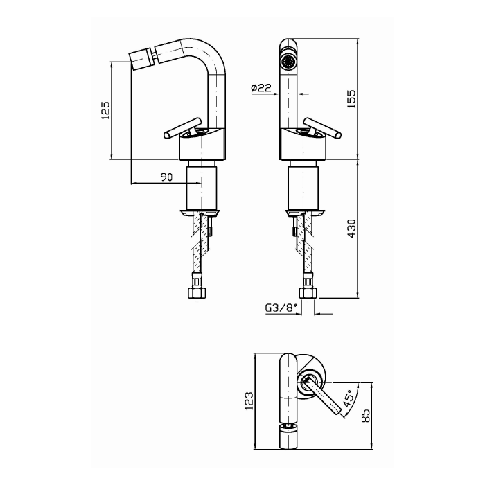 Zucchetti смеситель для биде, на 1 отв., closer, черный матовый арт. zcl306.n6
