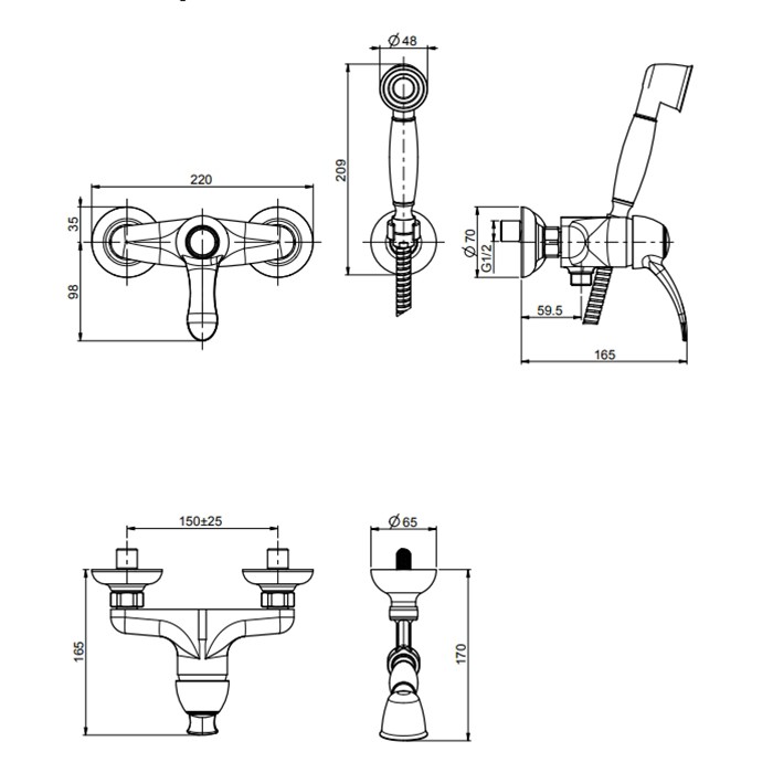 Fima Carlo Frattini смеситель для душа, настенный, с ручным душем, lamp, золото арт. f3305or